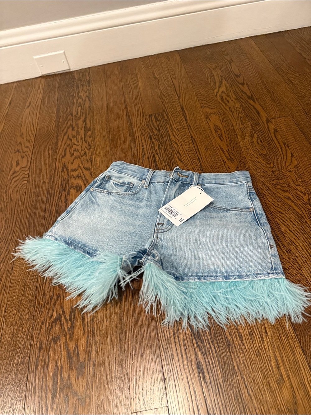 Denim Fringe Hem Shorts with Aqua Feather Trim